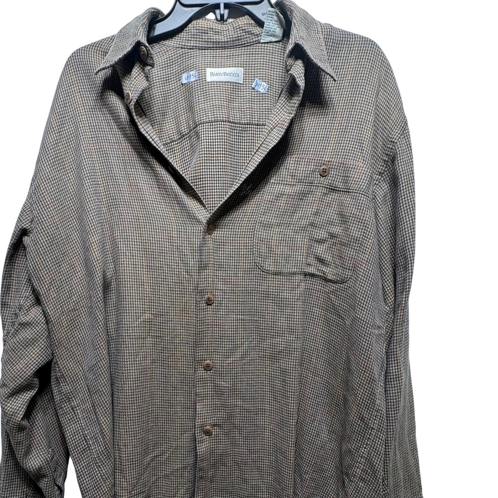 Barry Bricken Shirt Mens Brown Houndstooth Check Cotton Long Sleeve Button Down